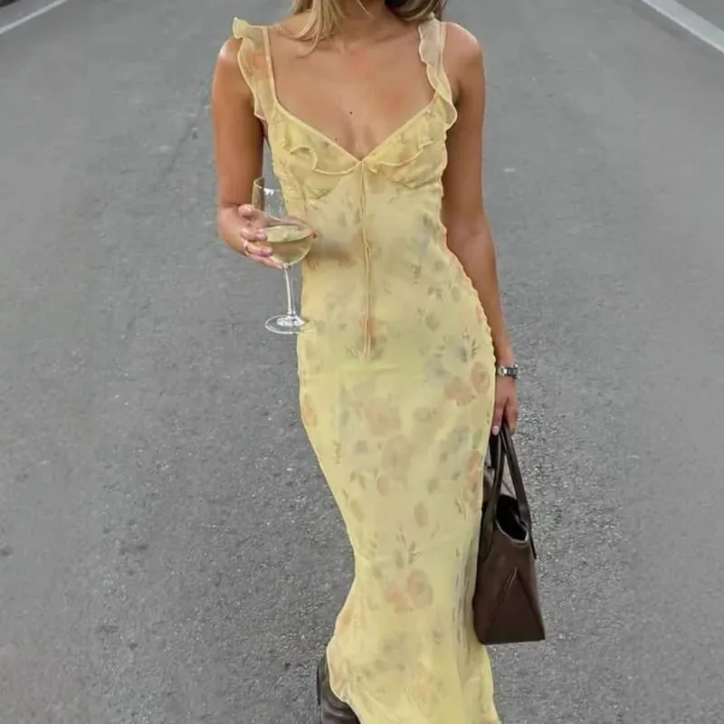 FL New Summer Flower Printed Women's Sexy Low-cut Dress Sleeveless Backless Slim Sling Dresses 2025 Beach Vacation Lady Vestidos — image 1