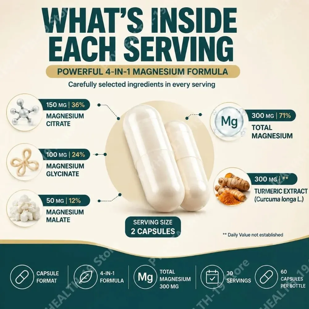TriMagnes Complesso di magnesio 4 in 1 Capsule da 300 mg con citrato glicinato malato curcuma per il comfort dei nervi Rilassamento muscolare 60 Ct — image 6
