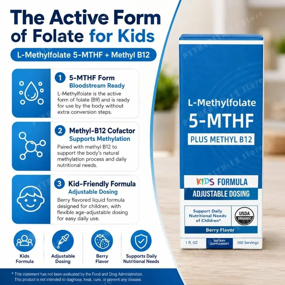 Kids L-Methylfolate 5-MTHF Drops with Methyl B12 Organic Berry Flavor Liquid Folate Supplement for Children Vegan Formula 30ml — image 2