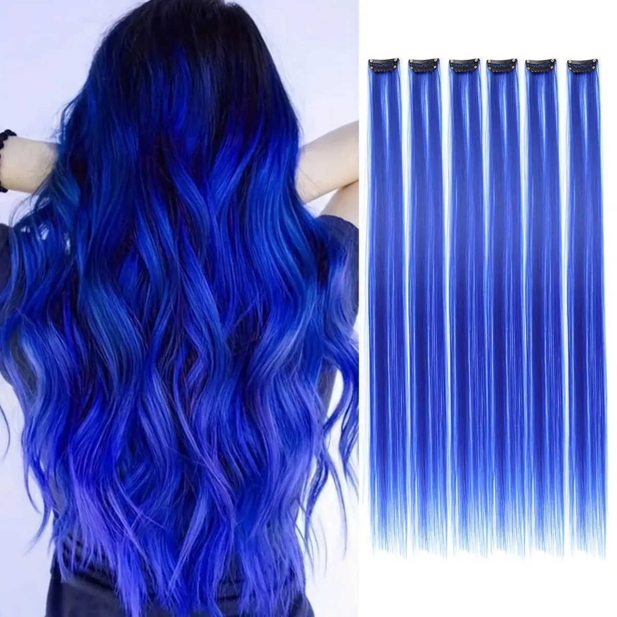 Blue Hair Extensions Clip in 6 Pcs Colored Highlights Hair Extensions Synthetic 24 inch Rainbow Hairpieces Dress Party Birthday