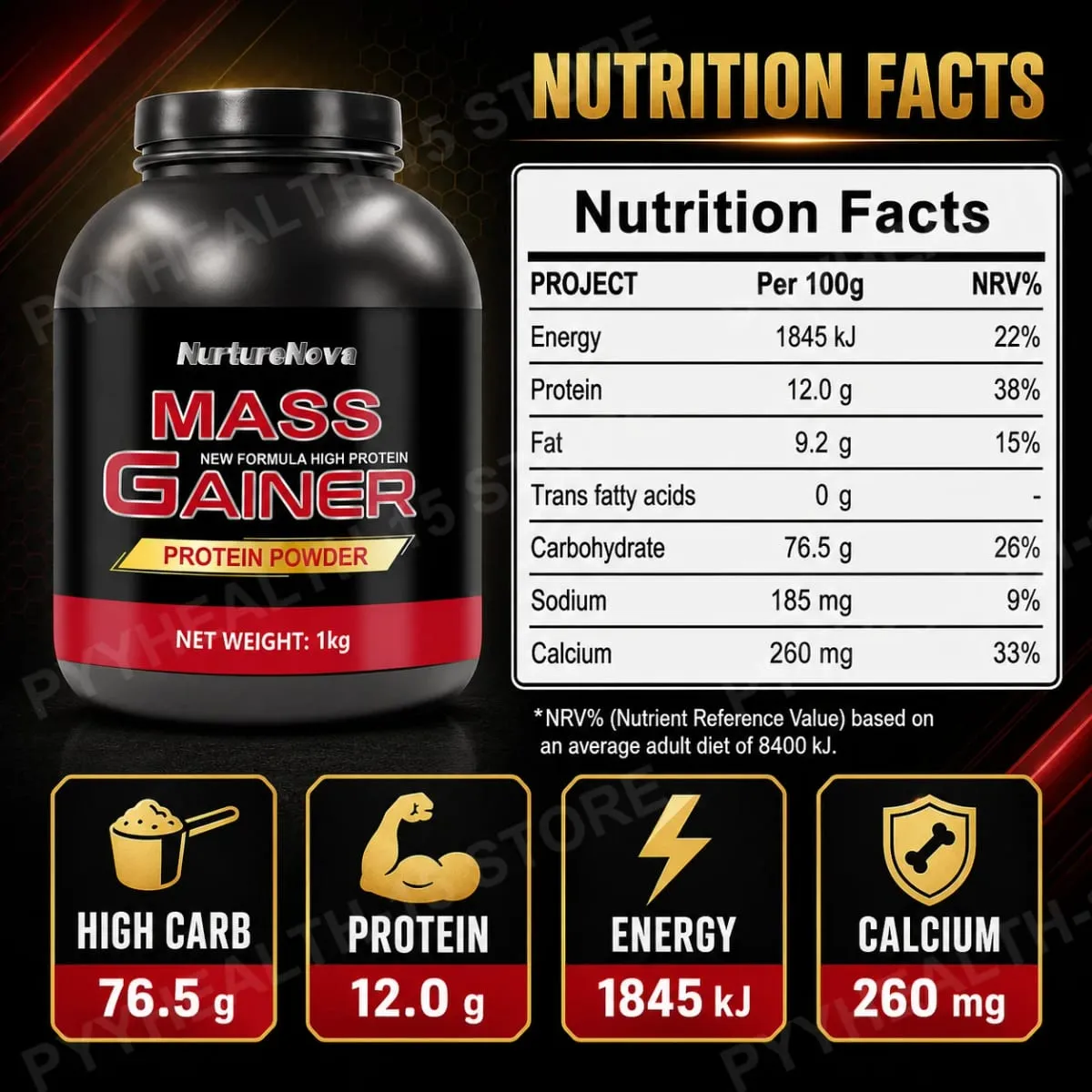 Mass Gainer Protein Powder 1kg Chocolate Flavor Carb Protein Shake Mix for Adults Fitness Nutrition Approx 20 Servings — image 3