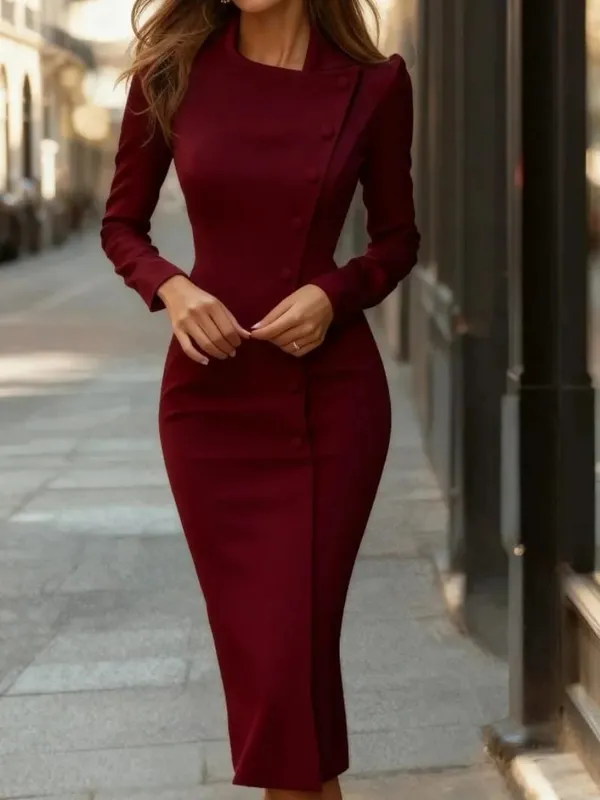 Long Sleeve Button Down Midi Dress - Elegant Office Lady Slim Fit Sheath Dress — image 4
