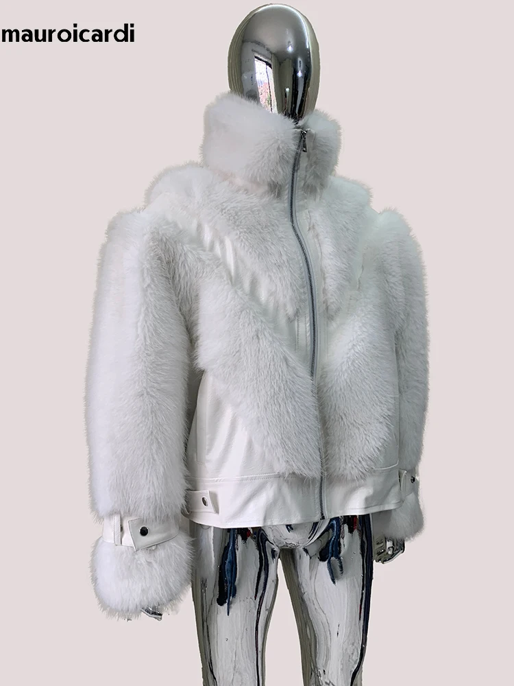 Mauroicardi Autumn Winter Short Thick Warm White Pu Leather Patchwork Faux Fur Coat Men Stand Collar Zip Up Fluffy Jacket 2025 — image 3