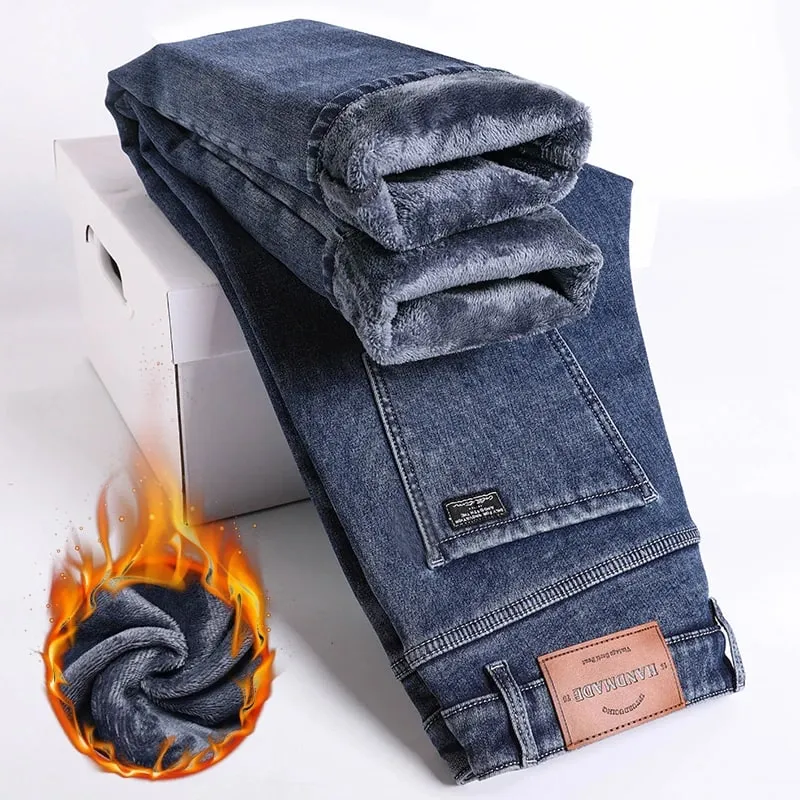 2027 New In Slim Straight Elastic Denim Winter Fleece Thick Warm Jeans Men's Pants Casual Male Clothing Fashion Plush Trousers — image 1