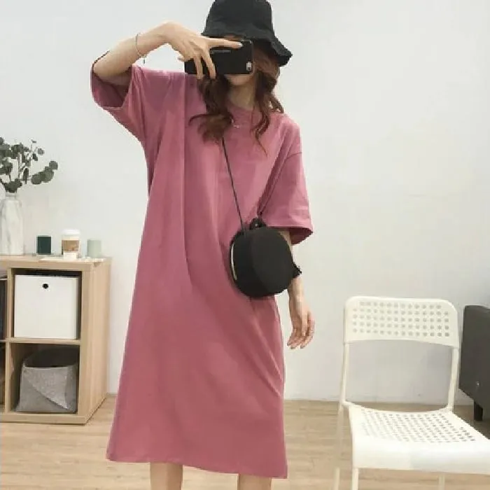 New Korean Short-sleeve Solid Color Side Cut Cotton Maxi Dresses Female Student Loose Basic Round Neck Style Long Dress — image 3