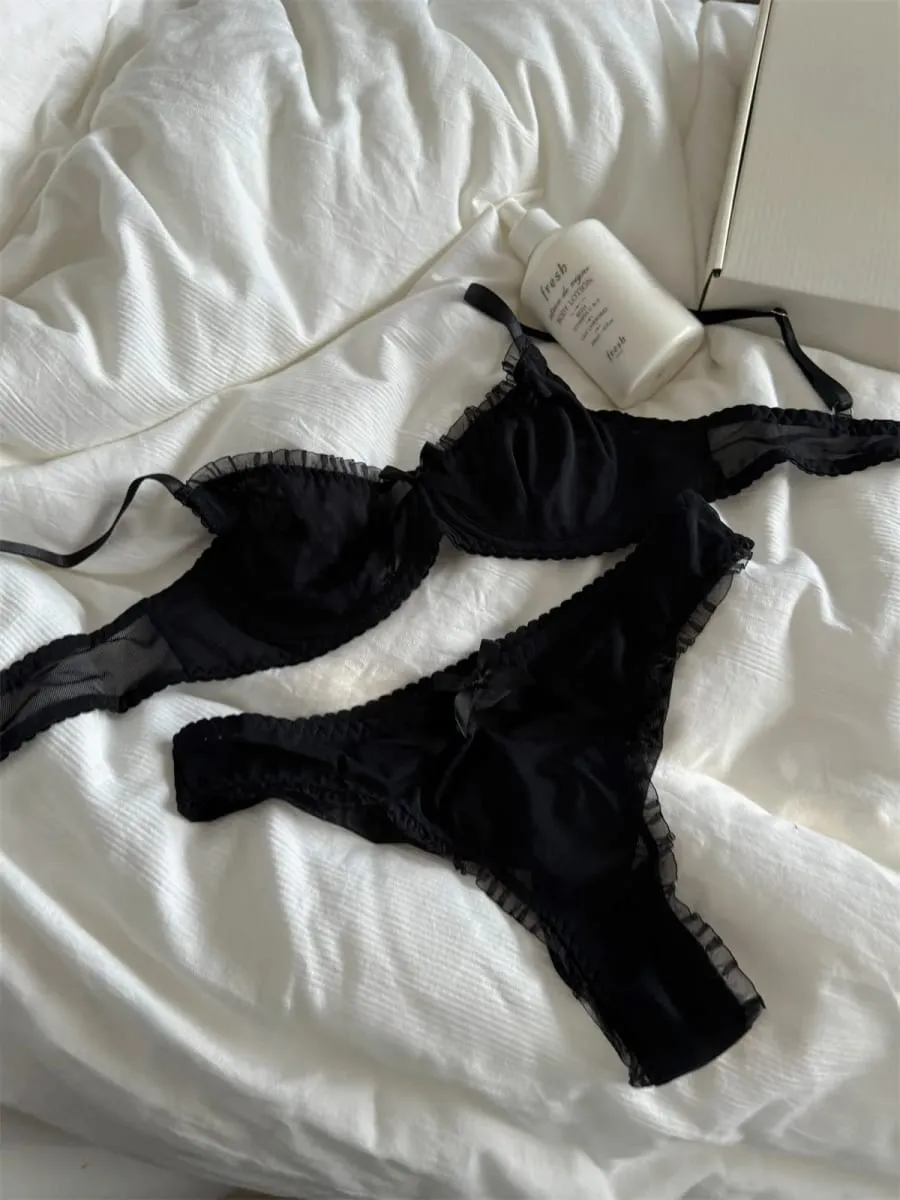 Black lace mesh lingerie feel underwear thin bra gathered up support large breasts show small bra set — image 5