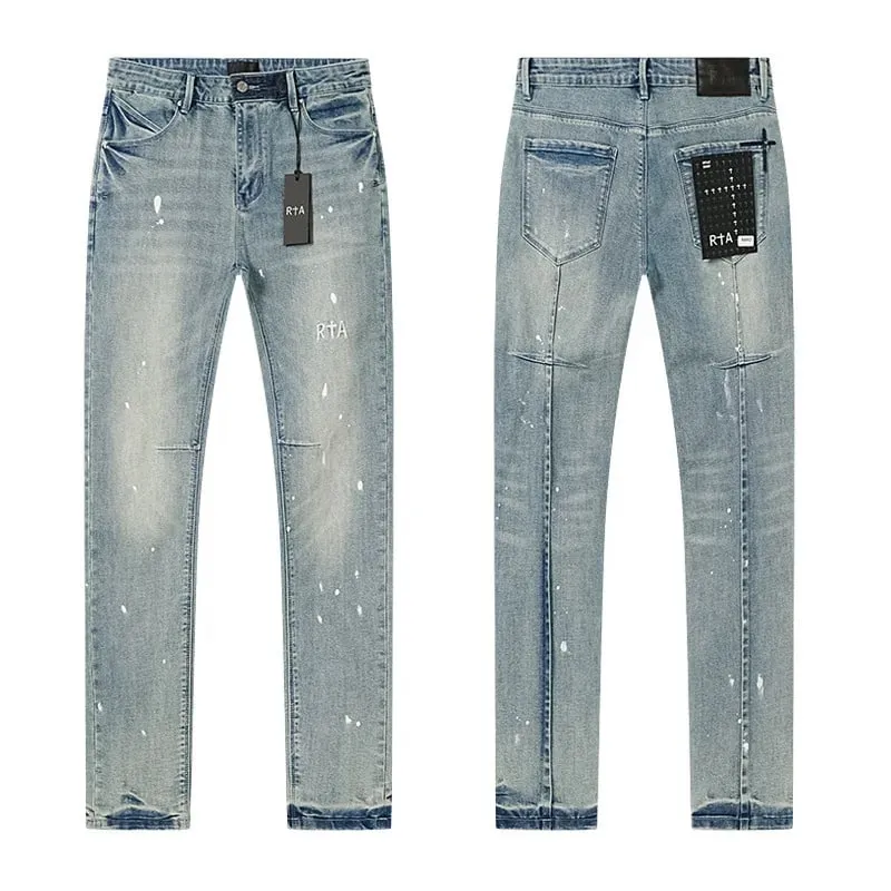 New RTA Destroyed Scratch Hole Light Blue Distressed Jeans Men's High Street Elastic Slim Fit Jeans 2026 Brand Pants Streetwear — image 13