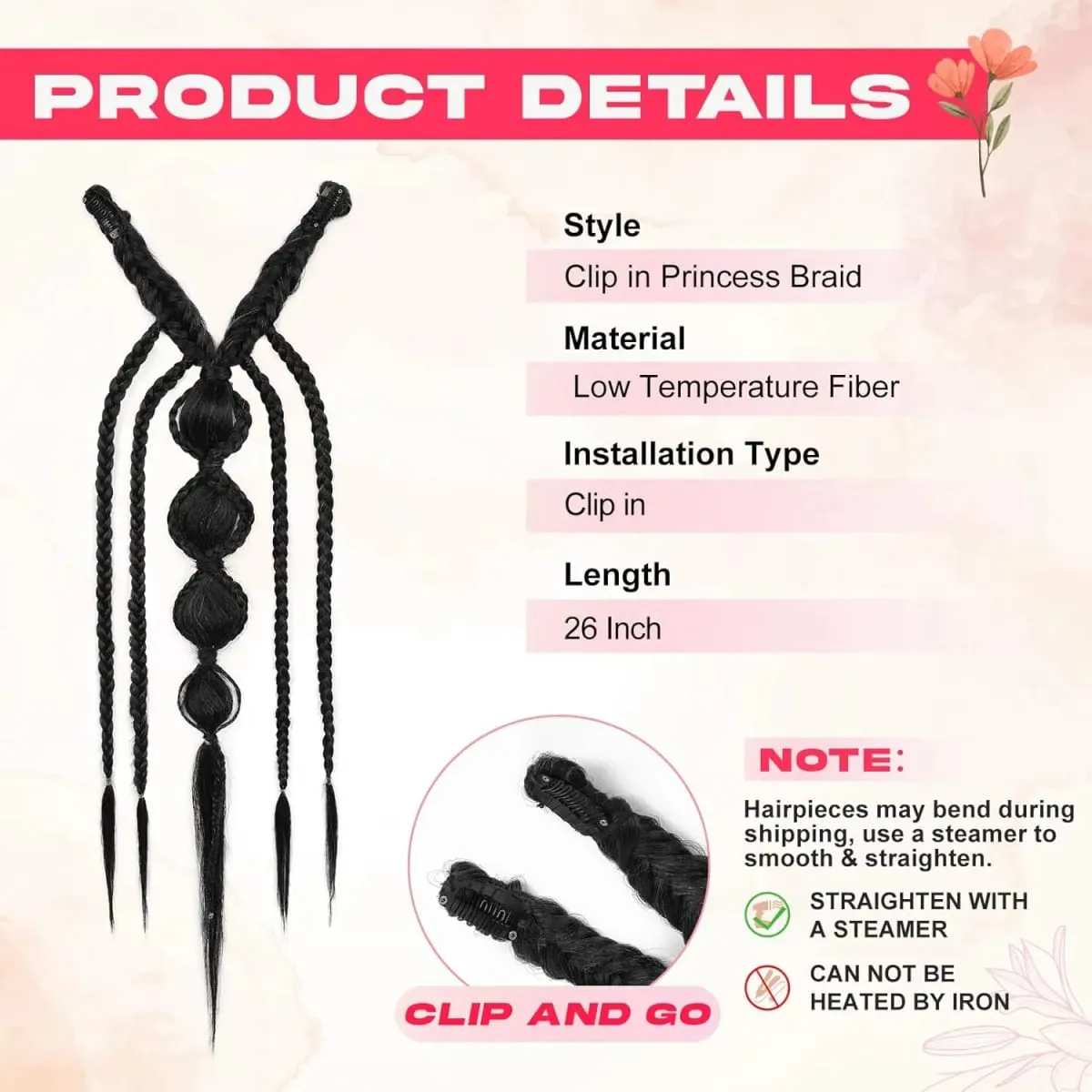 Synthetic Clip in Braid Hair Extensions - Boho Festival Princess Braid Hair Extension Fairy Cosplay Wedding Hairpiece for Women — image 3