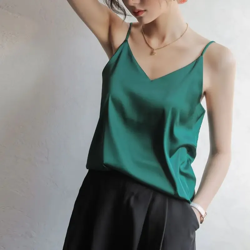 Women Halter V Neck Basic White Cami Spaghetti Strap Top Sleeveless Satin Silk 2026 Tank Tops Women'S Summer Camisole — image 21