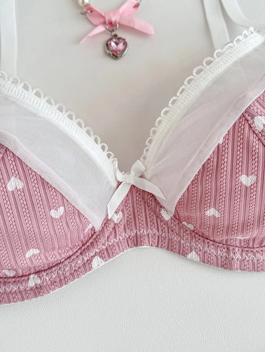 Women Pink Heart Print Lingerie Set Lace Mesh Trim Underwire Bra & Panties Soft Comfort Daily Intimates — image 4