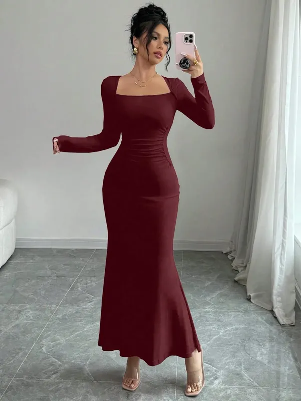 Women's Four Seasons New Style Women's Elegant Temperament Retro Solid Color Square Collar Long Sleeve Dress — image 6