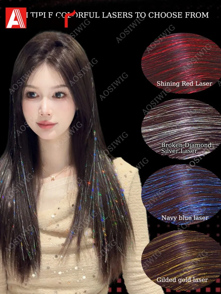 Blue Glitter Tinsel Clip in Hair Extensions One Piece Straight Synthetic Hairpiece with Sparkle Strands for Women Party Daily — image 3
