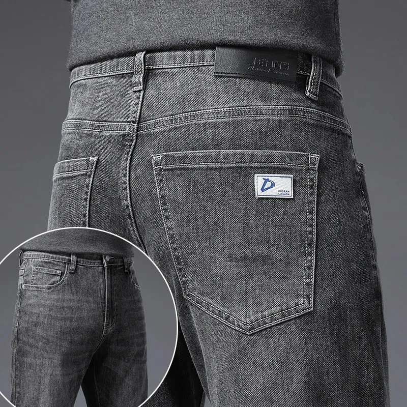 Men's Soft Stretch Straight Jeans Business Casual Slim Fit Wash Denim Pants Korean Fashion Blue Gray Male Brand Trousers — image 16