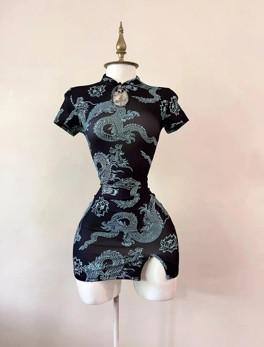 National Trend Style Dragon Pattern Improved Cheongsam Short-Sleeved Stand-Up Collar with Buttoned Sexy Slit Short Skirt — image 2