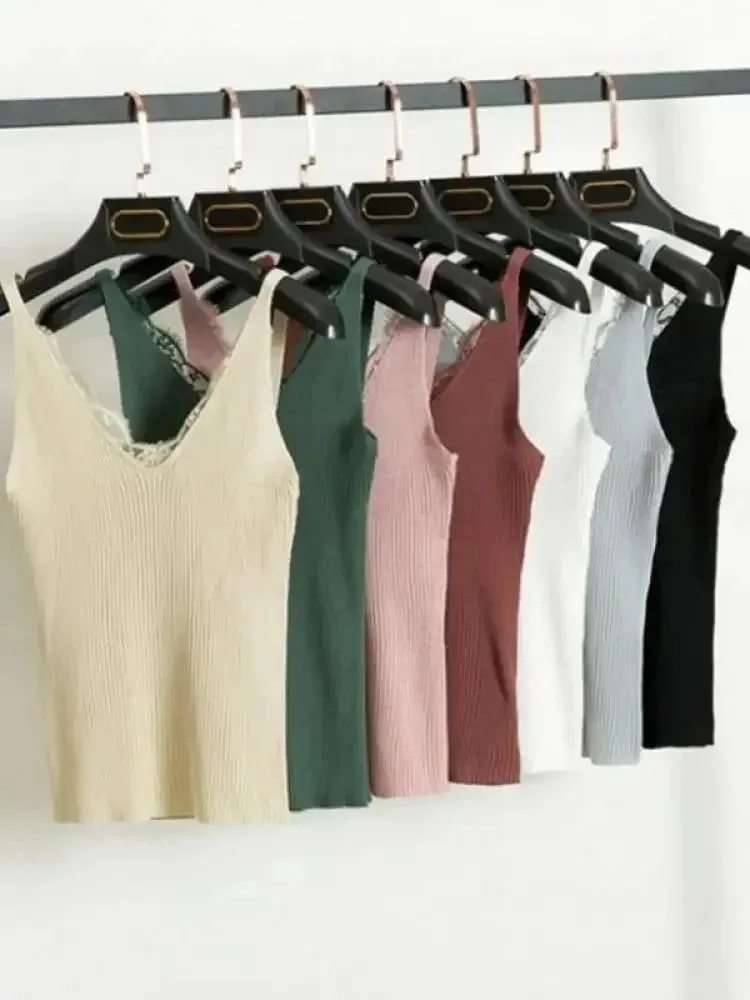2026 Summer Casual Tops Solid Stitching V-neck Camis Women Hook Flower Lace Tank Female Knitted Short Slim Sleeveless Shirt — image 3