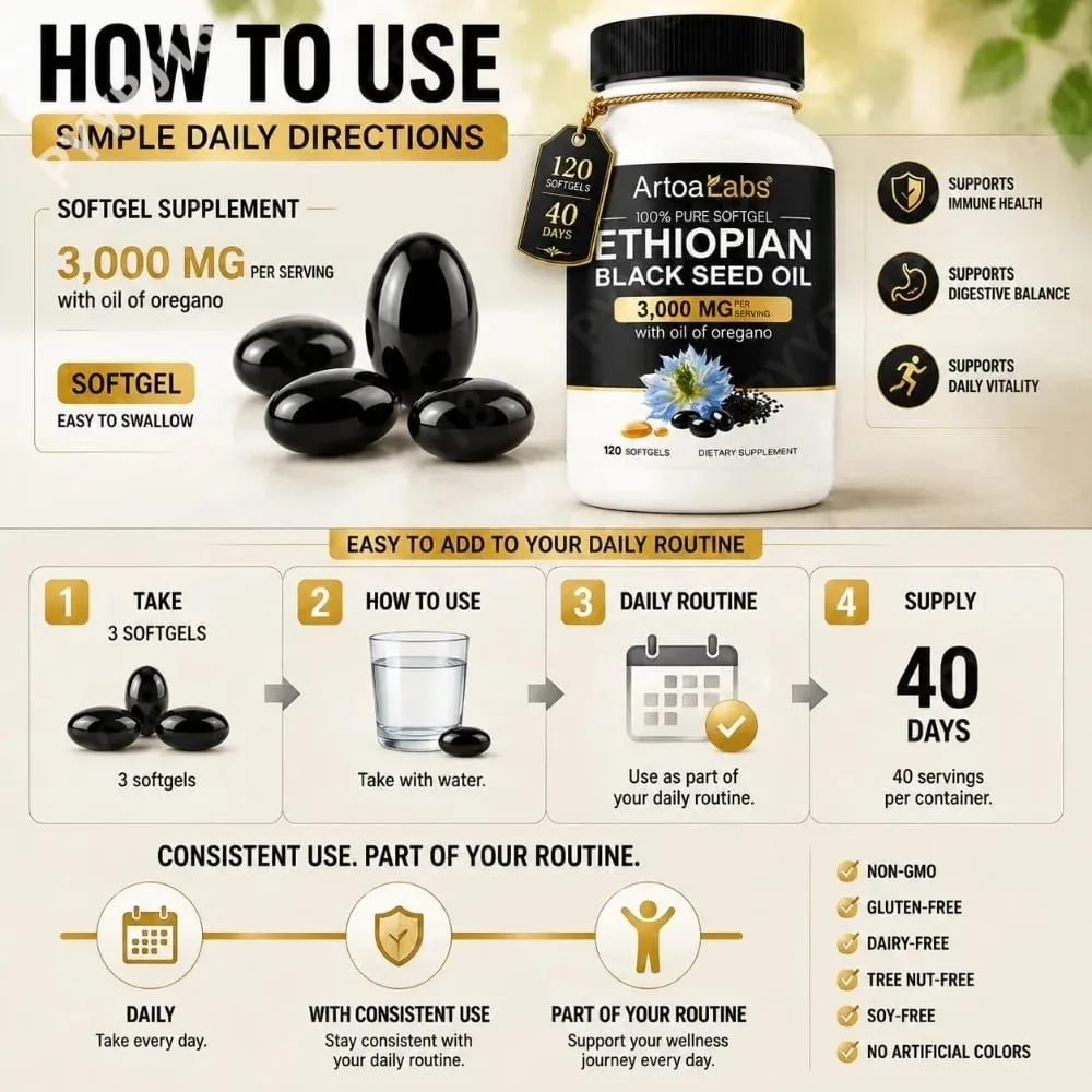 Minyak Habbatus Sauda Ethiopia 3000Mg Kapsul Gel Lunak dengan Minyak Oregano Mendukung Kesehatan Kekebalan Tubuh, Keseimbangan Pencernaan & Vitalitas Harian 120 Hitungan