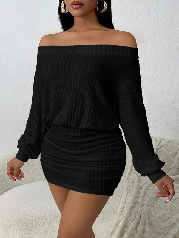 One-Shoulder Puffy Solid Color Casual Multi-Functional Long-Sleeved Knitted Dress