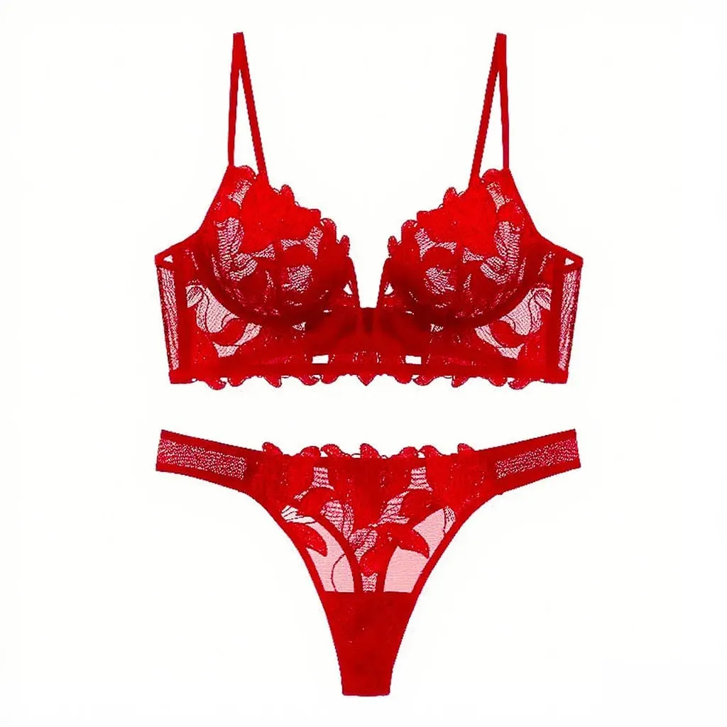 Ensemble de Lingerie en dentelle florale rouge pour femmes, soutien-gorge à armatures transparentes, bonnet fin, culotte tanga assortie, Sexy, ajouré, intimes