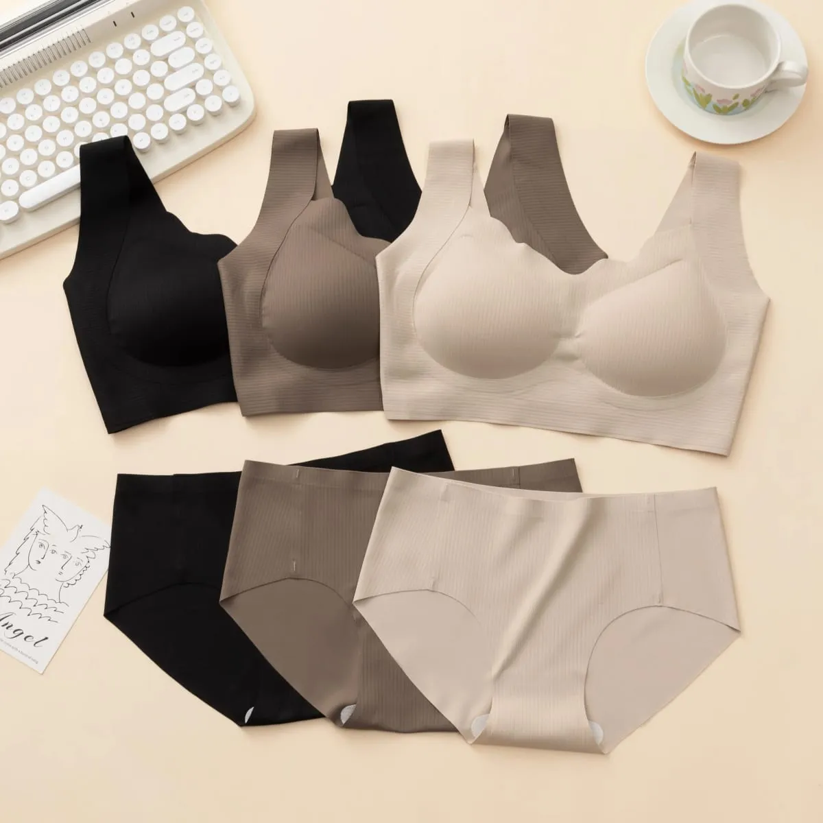 3 Sets Ribbed Wireless Wide Strap Bra & Matching Seamless Brief Lingerie Sets — image 1