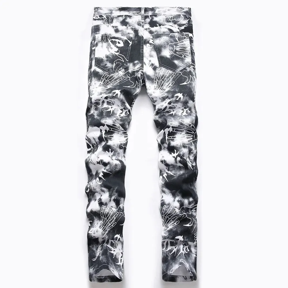 Men Skull Printed Jeans Fashion Devil Hand Pattern Denim Pants Black White Slim Straight Trousers — image 2