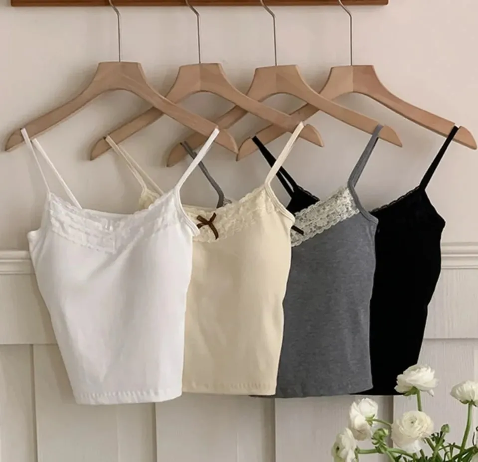 Sommer frauen Weste Ärmellose Spitze Off Schulter Sexy Schlank Top Mit Brust Pad Modische Tank Top Y2K Weibliche Gepolsterte leibchen — image 5