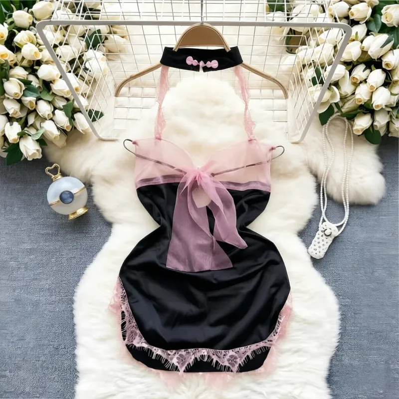 Gentle Romance Ancient Charming Bare Chest Bare Back Nightdress Sexy Off-the-shoulder Hanging Neck Lace Trimmed Dress Casaul