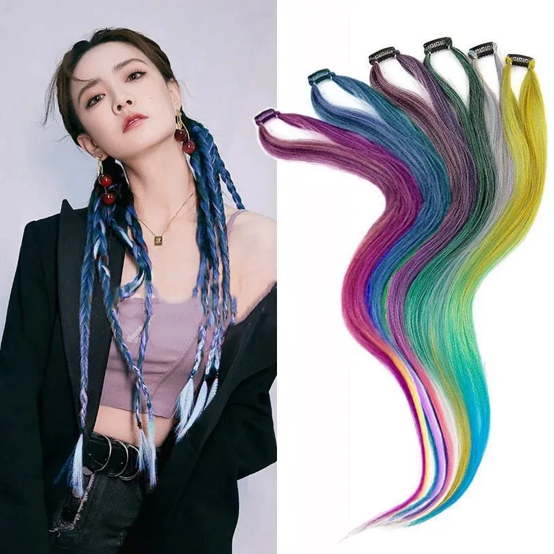 2PCS 60cm Synthetic Long Straight Hair Clips Rainbow Hair Extension Colored Red Green Blue Hairpiece for Women — image 2