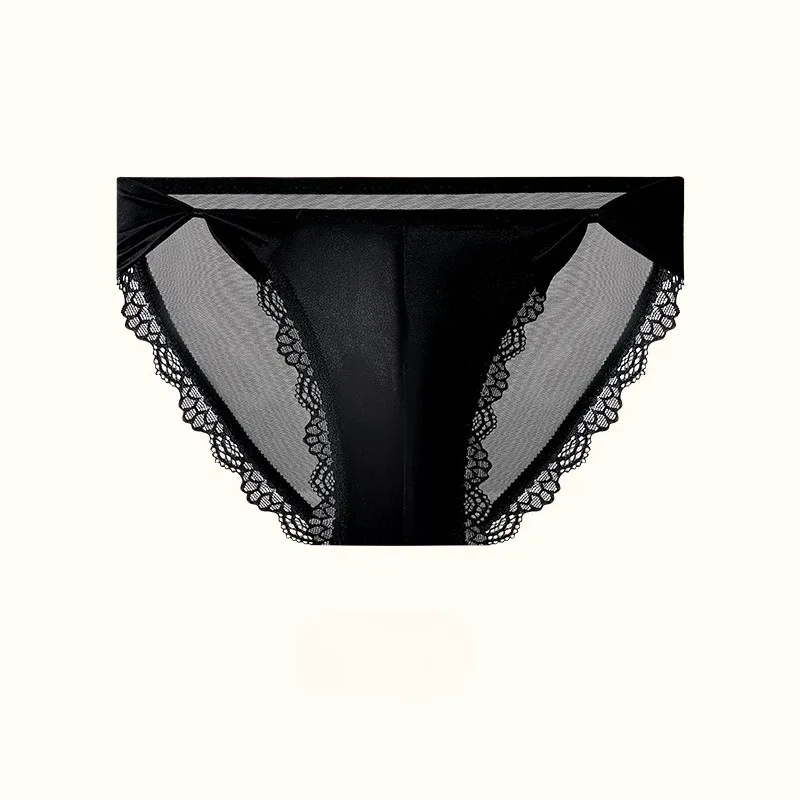 Men's Underwear High Fork Bow-Tie Lace Briefs U Convex Pouch Lingerie Underpants Ultra-Thin Ice Silk French Mesh Panties