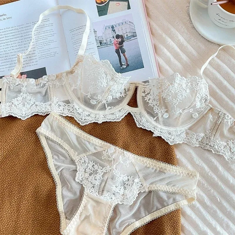 Embroidered Bralette & Panty Set for Women Ultra-Thin Comfort Underwire Support Large Size Lingerie — image 3