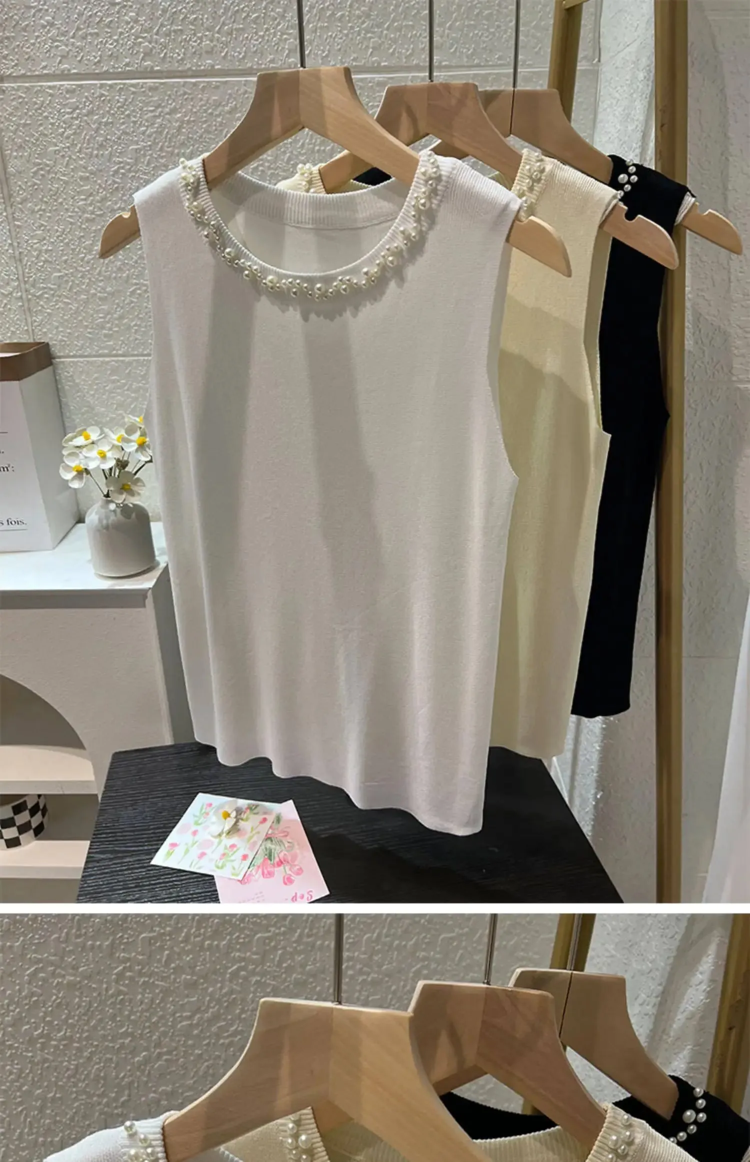 White Women Camisole 2026 New Summer Slim Thin Ice Silk Knit Vest Trendy Beaded Decor O-Neck Sleeveless Tank Top — image 8