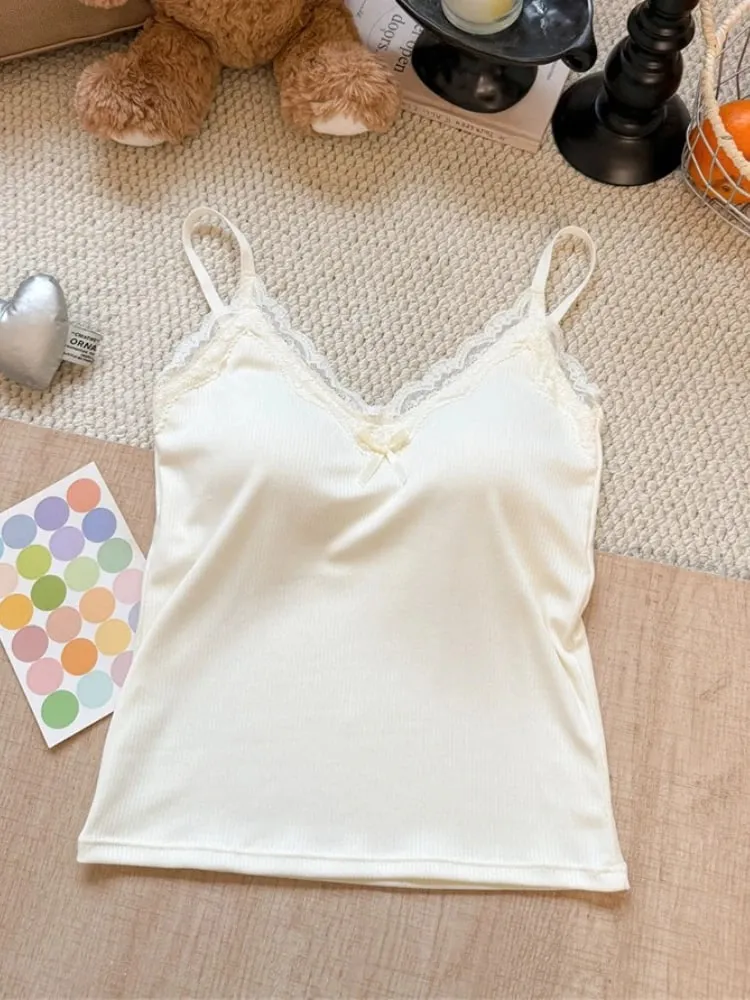 Spaghetti Strap Camis 2026 Summer Lace Ribbed Women Tank Top With Built In Bra Pads Slim Fit Crop Top For Inner & Outer Wear — image 13