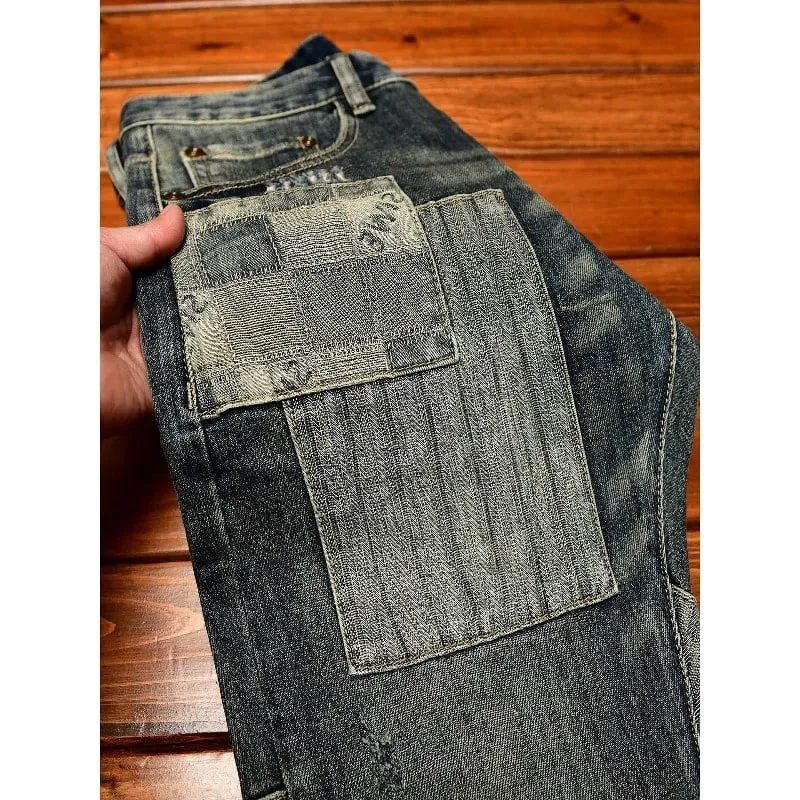 Retro and nostalgic patchwork design jeans for men trendy and fashionable street men's clothing slim fit small foot long pants — image 3