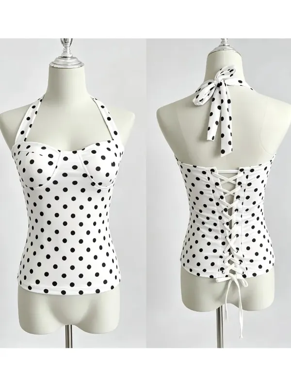 Women's Polka Dot Ruched Back Bodysuit-style Retro Tie-up Strappy Top Sweet Y2K Party Streetwear Ladies Top — image 6