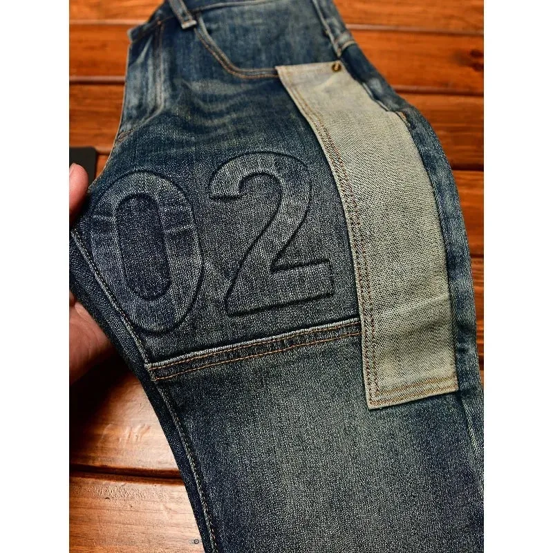 Fashionable high-end jeans for men slim fit small feet washed retro patchwork design trendy and luxurious men's pants — image 5