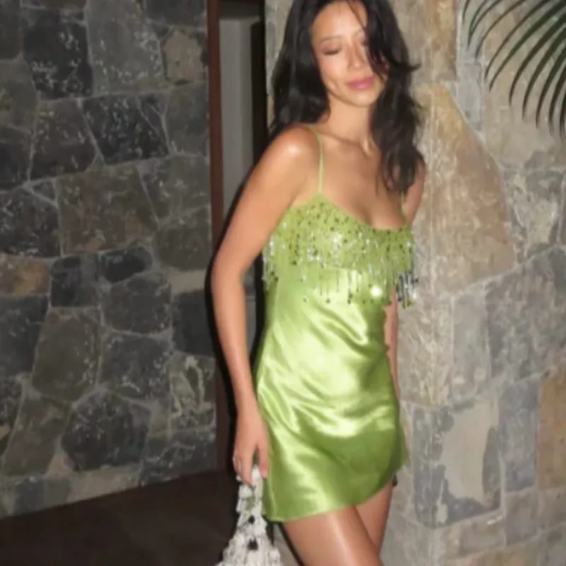 Chic High End Sequin Tassel Satin Dress Women's Elegant Straps Low Neck Mini Vistidos 2026 Stylish Back Zipper Beach Party Gown — image 2