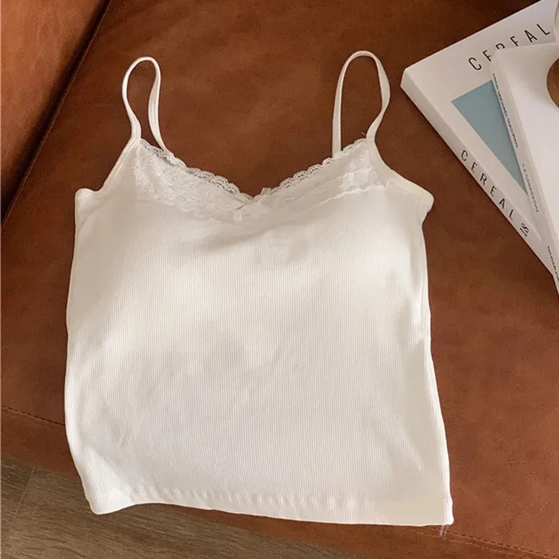 Sommer frauen Weste Ärmellose Spitze Off Schulter Sexy Schlank Top Mit Brust Pad Modische Tank Top Y2K Weibliche Gepolsterte leibchen — image 11