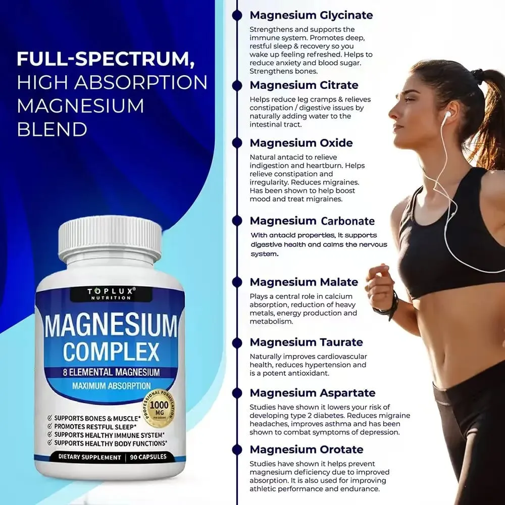 Magnesium Complex Supplement | 1000mg Magnesium Glycinate Malate Citrate | 8 Elemental Chelated Formula | Vegan Non-GMO 90 C