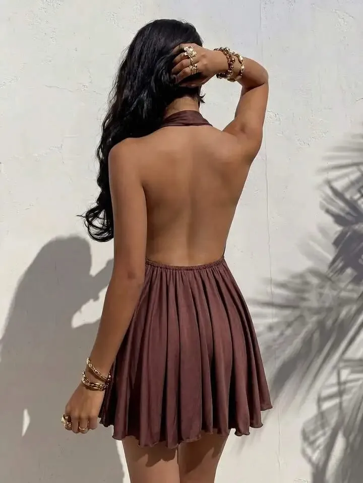 Elegant Women's Spring Summer Vacation Style Solid Color Hanging Neck Strap Backless Deep V-Neck Sexy Fashion Dress — image 3