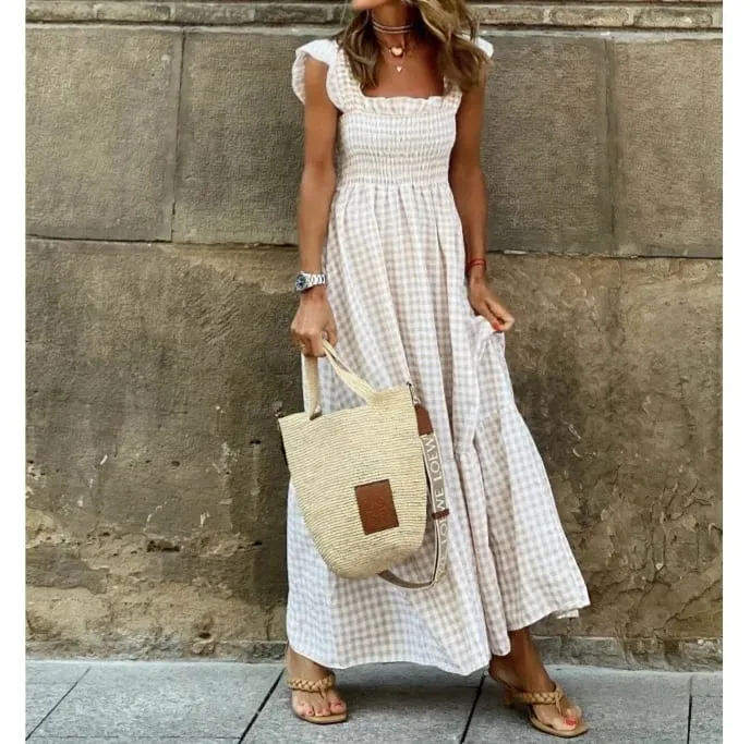 Elegant Temperament Plaid Patchwork Slip Boho Dress Summer Ruffle Backless Pleated Elastic Waist Swing Loose Party Dresses