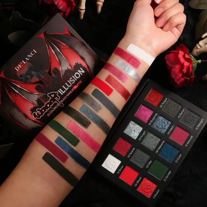 15 Colors Eyeshadow Palette Matte Shimmer Glitter Red Black Goth Eye Shadow Pallet for Halloween Lasting Eye Makeup