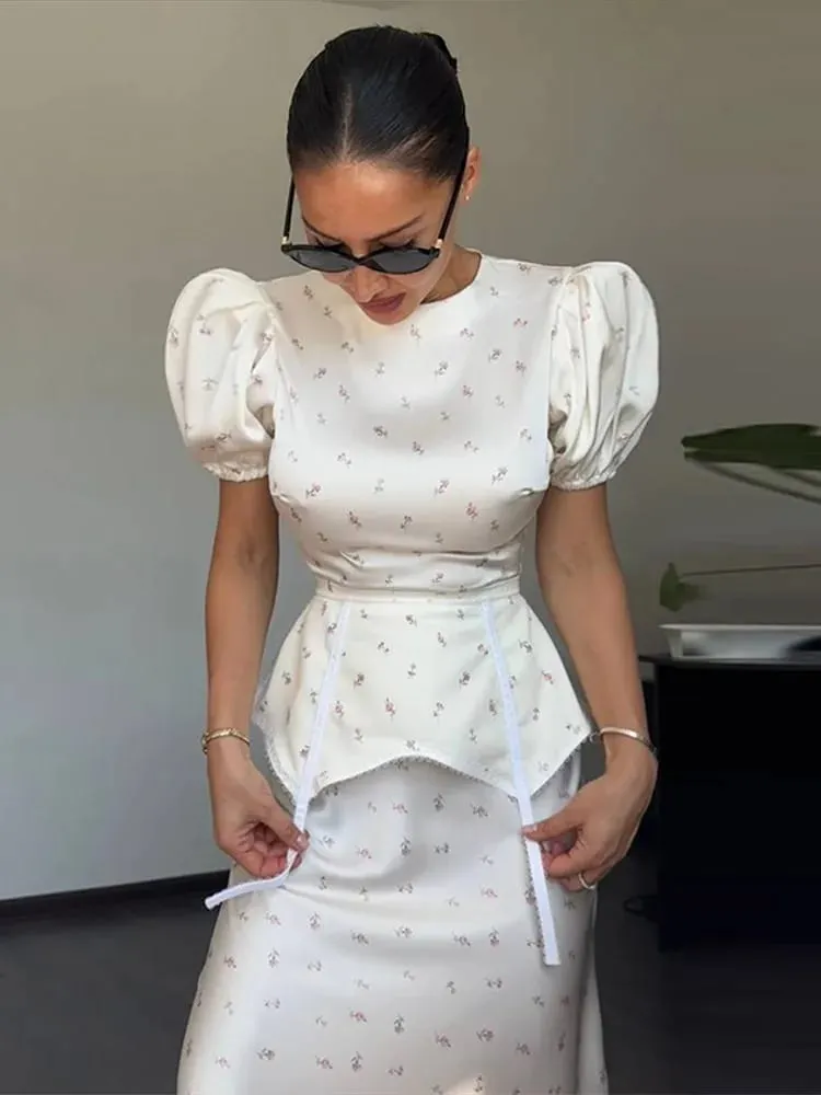 Women's White Floral Print Puff Sleeve Dress With Waistband Fashion Satin Ruffled Hem Maxi Dress Lady 2026 Elegant Party Robes — image 1