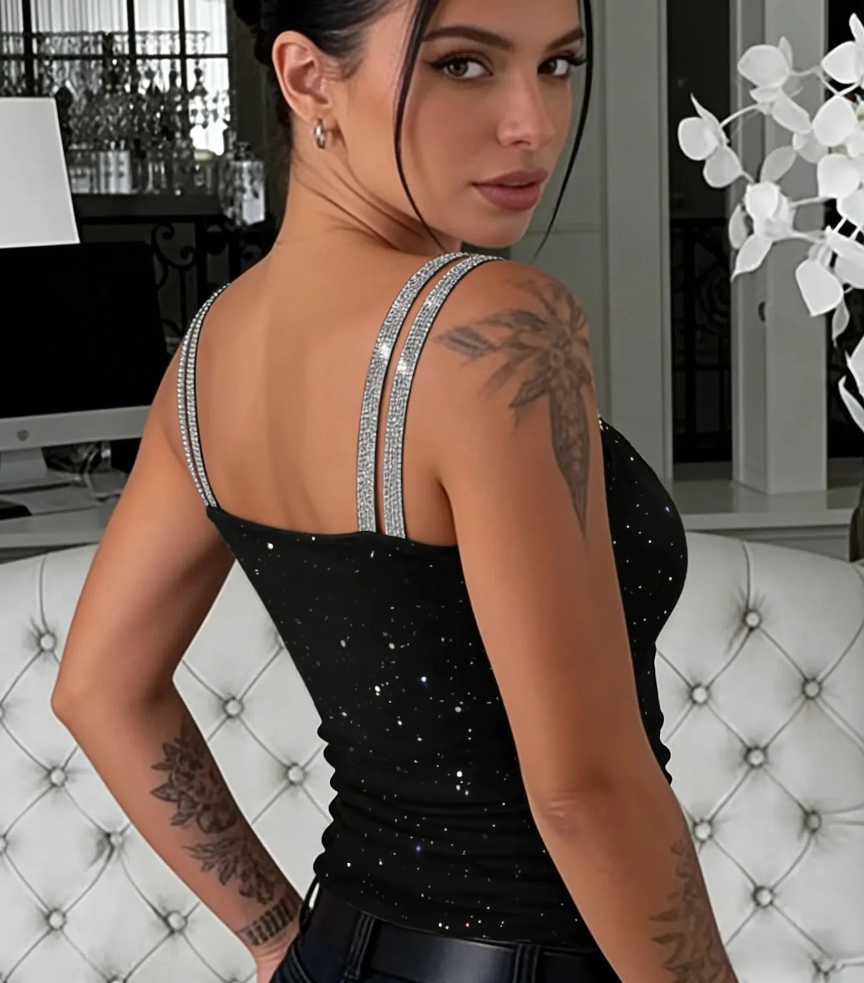 Women's Black Sparkly Glitter Cami Top Double Rhinestone Straps V-Neck Spring Summer Slim Fit Sexy Party Fashion Casual Tank Top — image 2