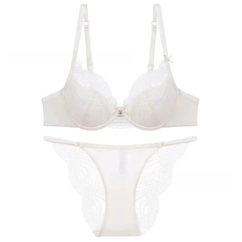 Hollow Thin Cup Women Lingerie Set Seamless French Style Lace Embroidery Lingerie Silk Satin Push Up Bra Set Women Intimates — image 4