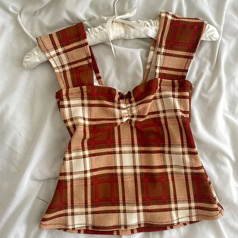 Summer Women Y2k Cottage Tank Top Vintage Plaid/Stripes Print Square Neck Cami Crop Top Party Club Vest 00s Retro Shirt — image 3