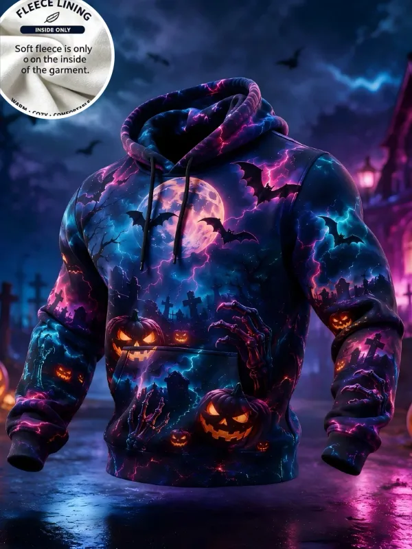3D Print Halloween Fleece Hoodie Witch Black Cat Monster Shadow Pumpkin Pullover Long Sleeve Kangaroo Pocket Holiday Sweatshirt — image 4