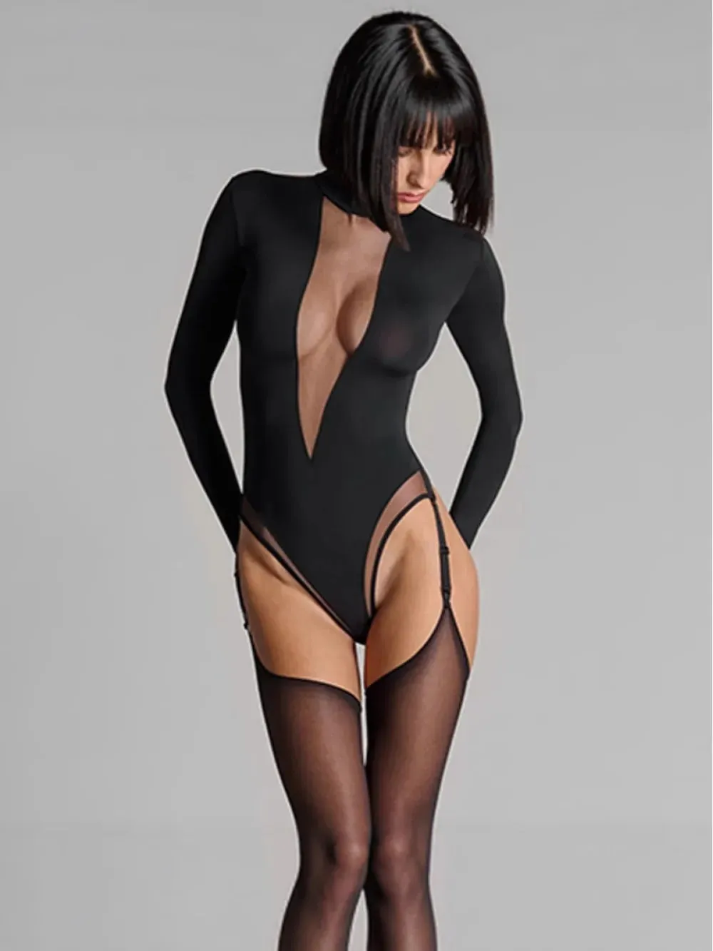 2026 new deep V perspective mesh splicing long sleeved black jumpsuit sexy spicy girl outfit party date niche trend fashion ins