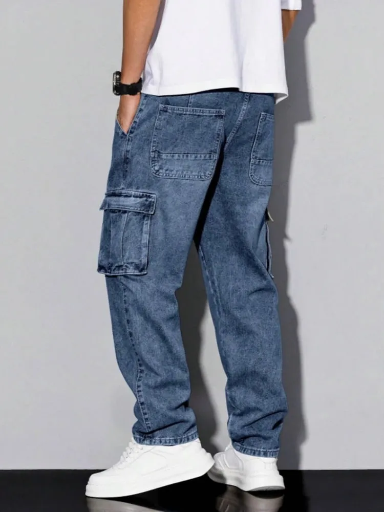 Men's Blue Cargo Jeans Spring New Multi-Pocket Loose Fit Denim Pants Streetwear Hip Hop Casual Versatile Daily Fashion Trousers — image 3