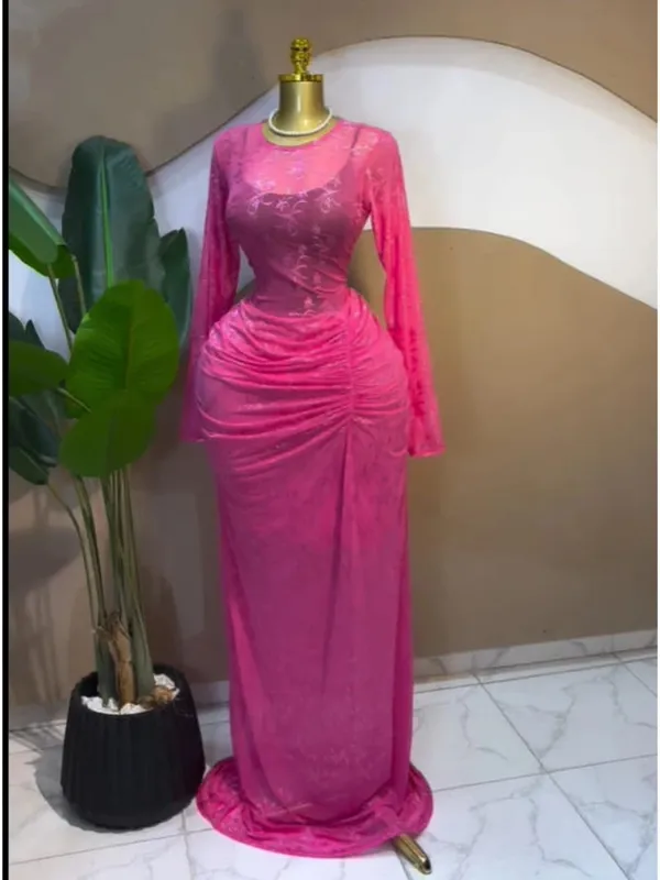 CM.YAYA 2025 Women Long Sleeve Ruched Mesh See Though with Lining Bodycon Long Dress Fall Evening Birthday Sexy Party Dresses — image 13