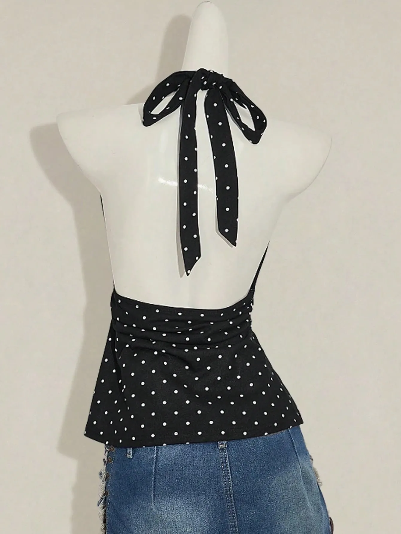Ladies Polka Dot Backless Strap Top with Waist Pleating Design Adjustable Neck Strap Backless Strap Ladies Shirt — image 3