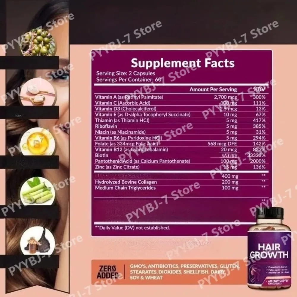 Biotin Collagen Hair Growth Supplement with Vitamins A C D3 E B12 Zinc Supports hair wellness appearance for Women — image 3